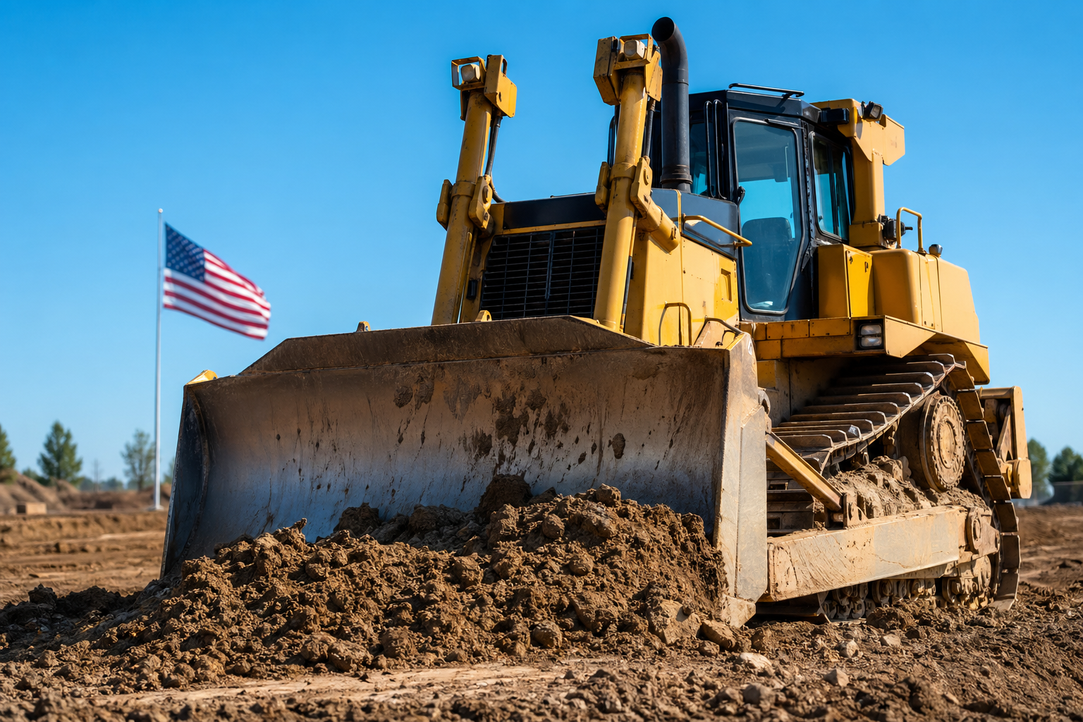 Bulldozer and heavy earthmoving equipment on an active construction site.