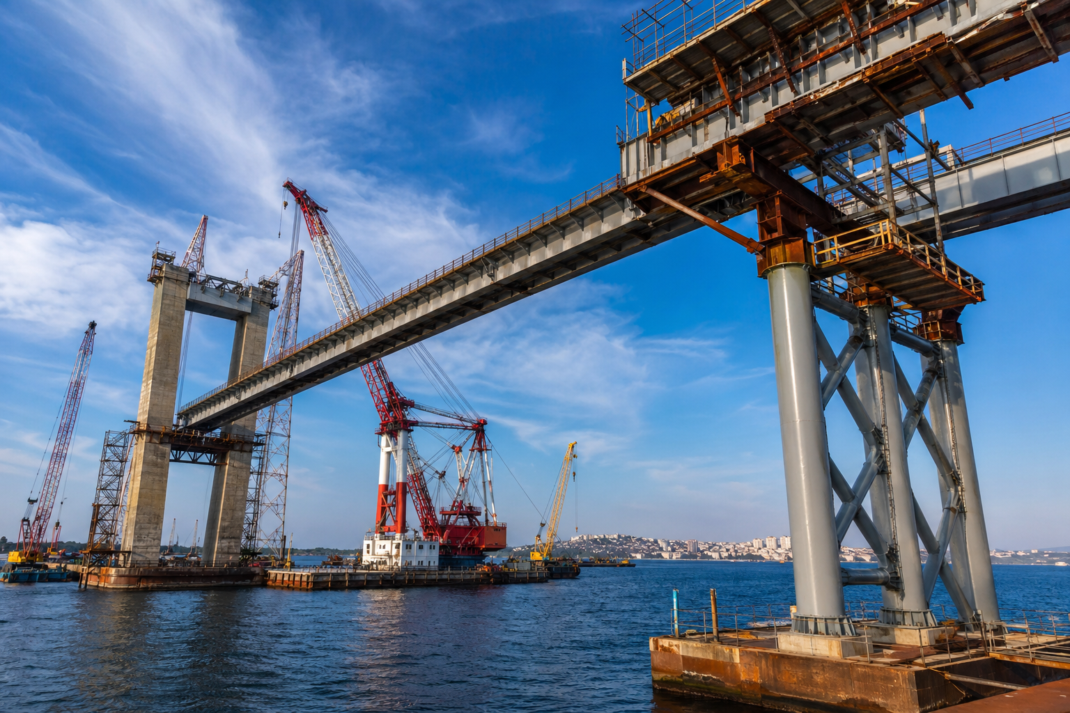 Major bridge construction with steel girders representing large-scale procurement programs.