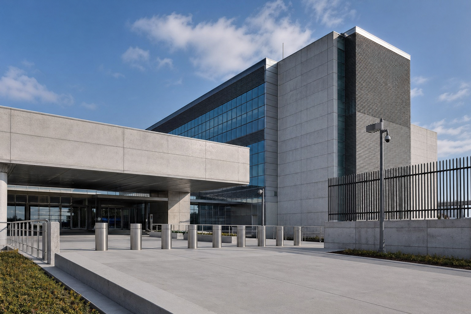 Secure industrial campus exterior representing regulated procurement and oversight.