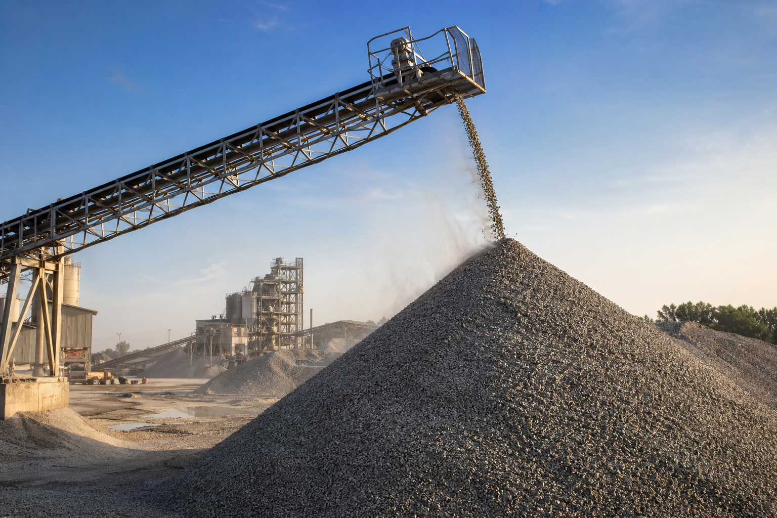 Aggregate materials and conveyor operations at a construction supply yard.