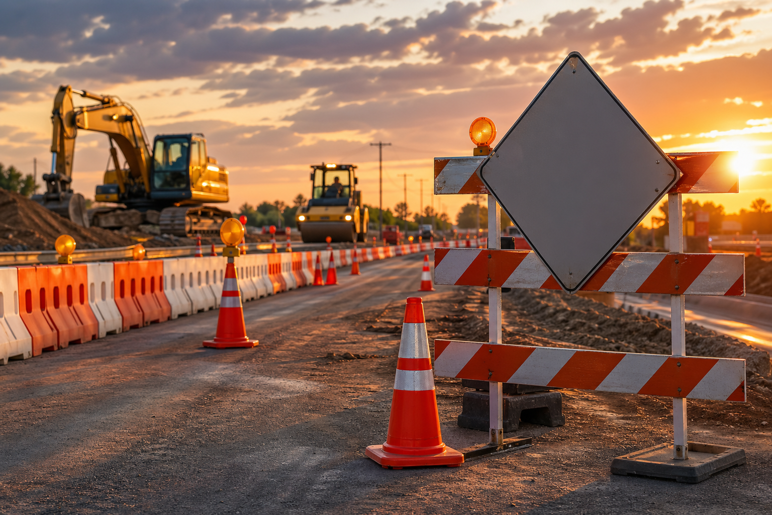 Road construction barriers, cones, and traffic control equipment at a civil works zone.