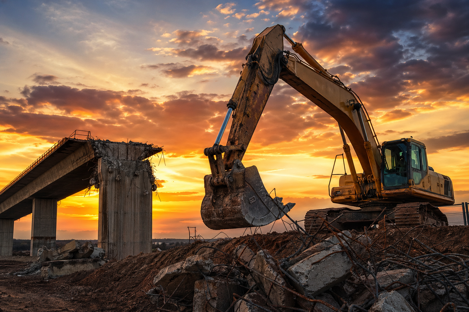 Heavy excavator at a federal-scale civil infrastructure and highway earthwork site.