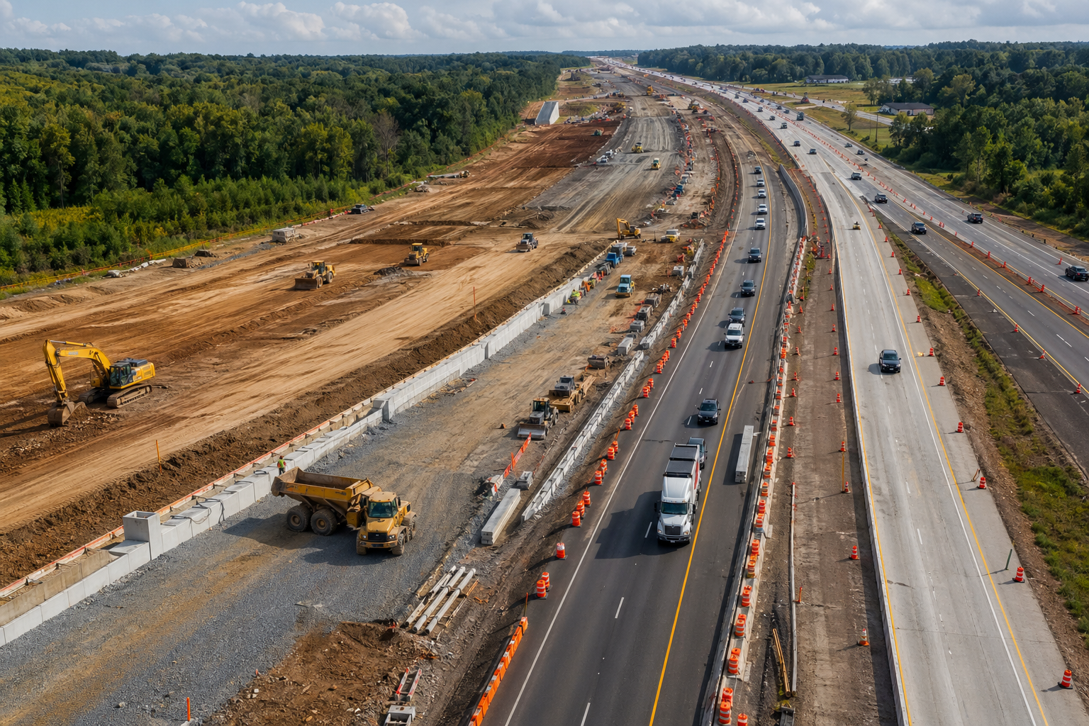 Highway construction staging with barriers and phased civil works activity.