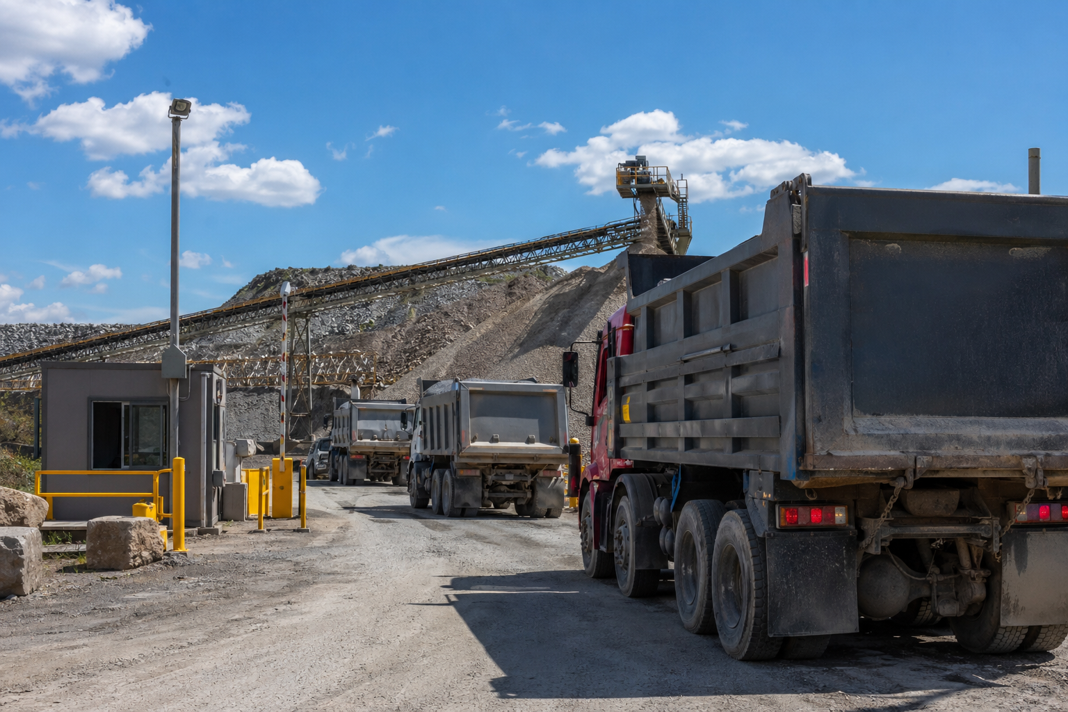 Aggregate supply and logistics staging at a quarry load-out serving vendor networks.