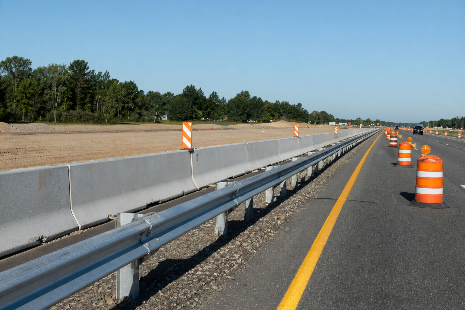 Highway guardrails and barriers in an active construction corridor.
